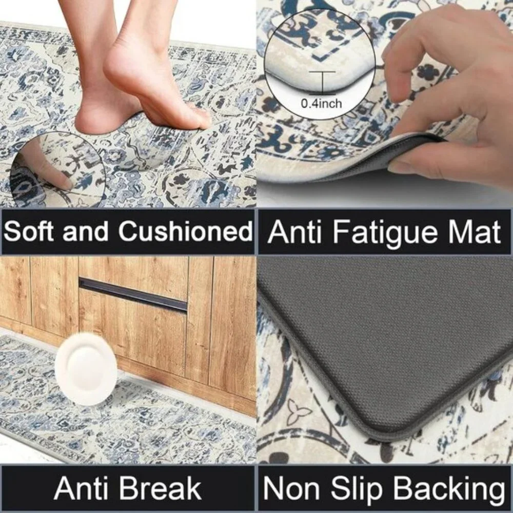 New 2Pcs Blue Cushioned Kitchen Rug Set, Waterproof Anti Fatigue Non Slip Mats